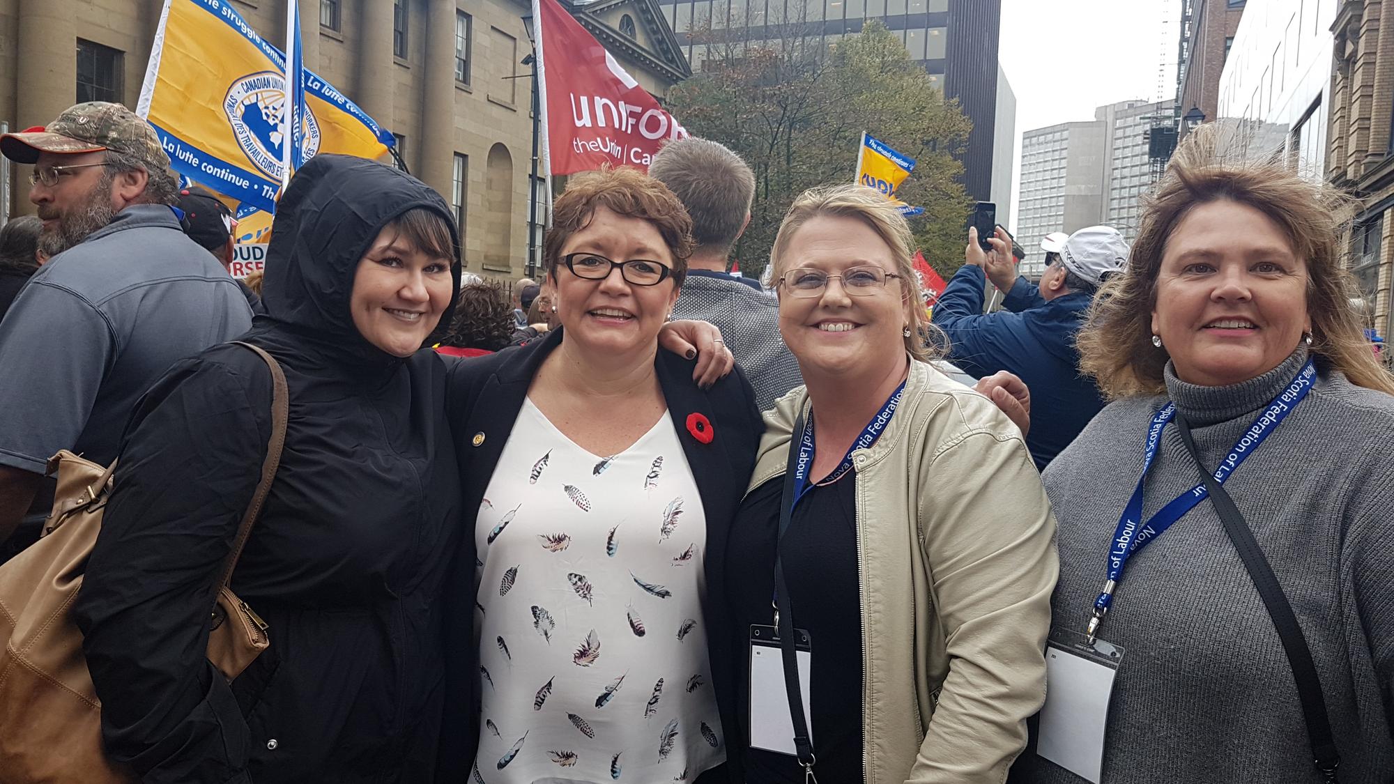 Linda MacNeil and Unifor members at a rally in front of Province House in Halifax.