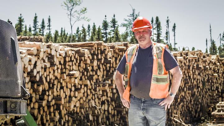 A forestry worker stands in front of a large pile of neatly stacked logs.