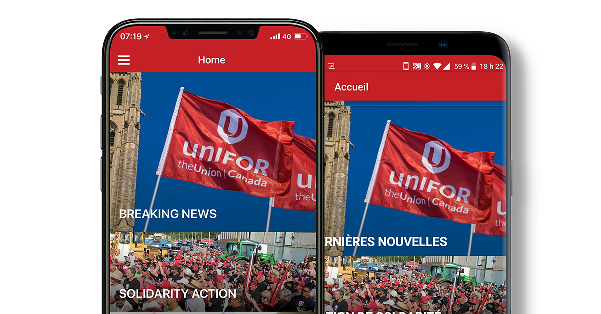 Two smart phones displaying the home page of the Unifor app in English and French.