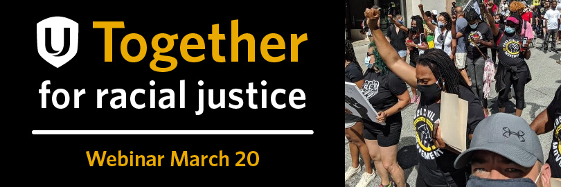 Text says Together for racial justice beside image of several Unifor members march at a Black Lives Matter rally in July 2020