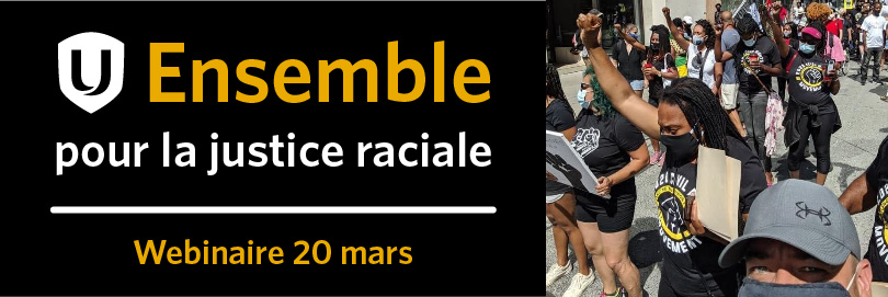 Le texte alternatif dit : Ensemble pour la justice raciale à côté de l’image de plusieurs membres d’Unifor qui marchent lors du rassemblement La vie des Noirs compte en juillet 2020