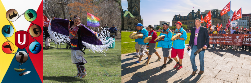 Photo collage containing image of protest march and dancing woman in traditional Prairie First Nation clothing