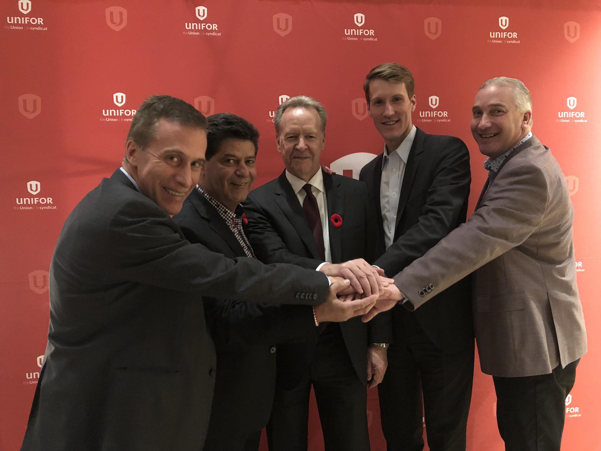 Pierre Bouchard, USMCA Labour Chapter Lead Negotiator, Jerry Dias, Unifor National President, Steve Verheul, Canada’s Chief USMCA Negotiator, Brian Clow, Director, Canada-U.S. Relations at Office of the Prime Minister of Canada and Scott Doherty, Assistant to the Unifor National President.