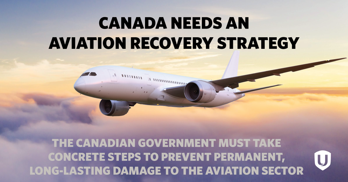 An image of a plane flying with the text: "Canada needs an aviation recovery strategy."