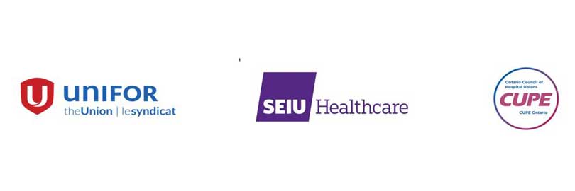 SEIU, CUPE and Unifor's logos
