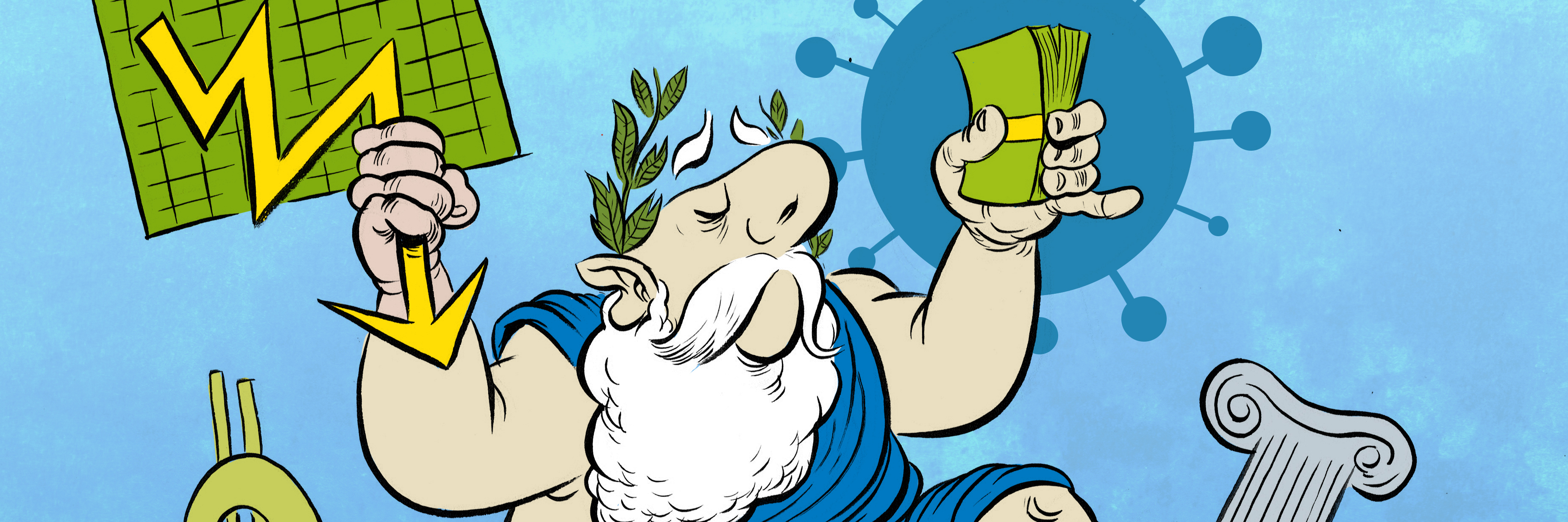 A cartoon shows greek god with a downward trending chart and a handful of money.