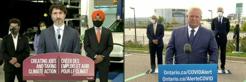 Photos of Justin Trudeau and Doug Ford at seperate press conferences.