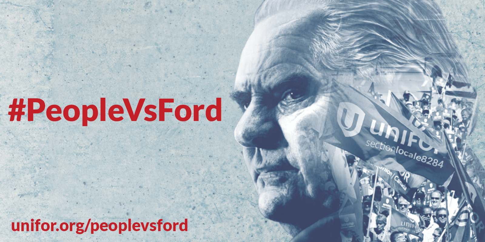 Edited image of Premier Doug Ford with rallying workers superimposed over his head and neck.