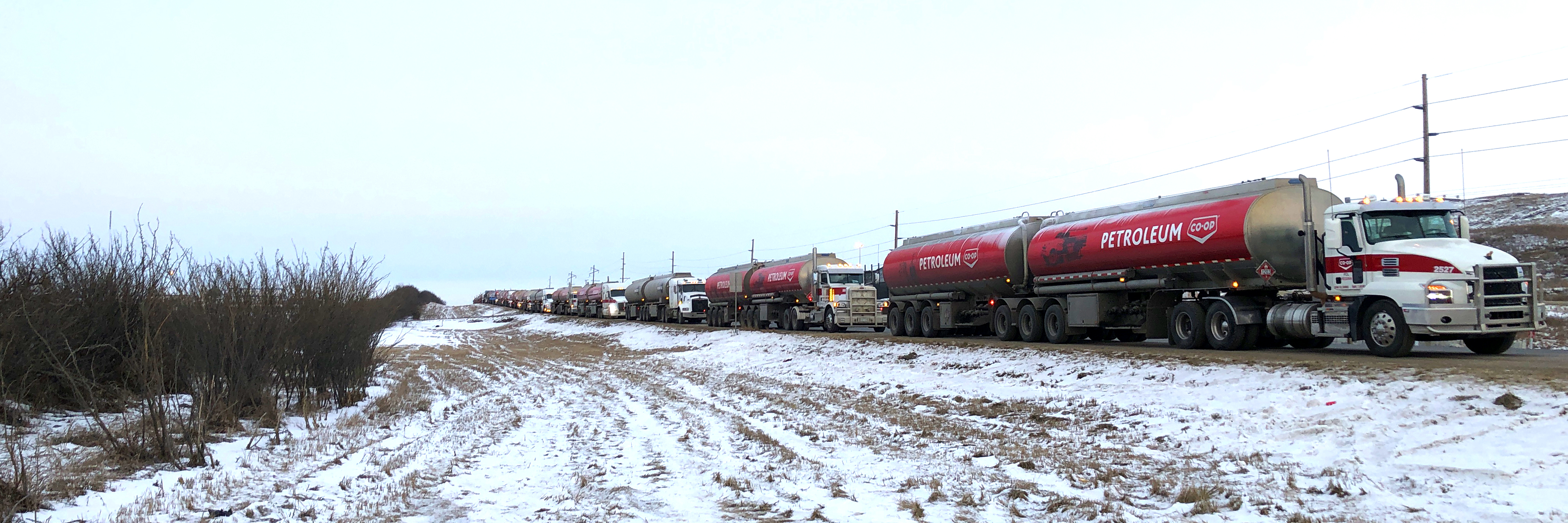A long line of Co-op tanker trucks.