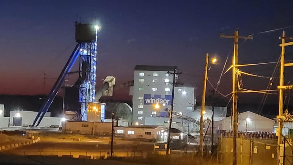 Canadian Salt industrial buildings at night in Pugwash, Nova Scotia