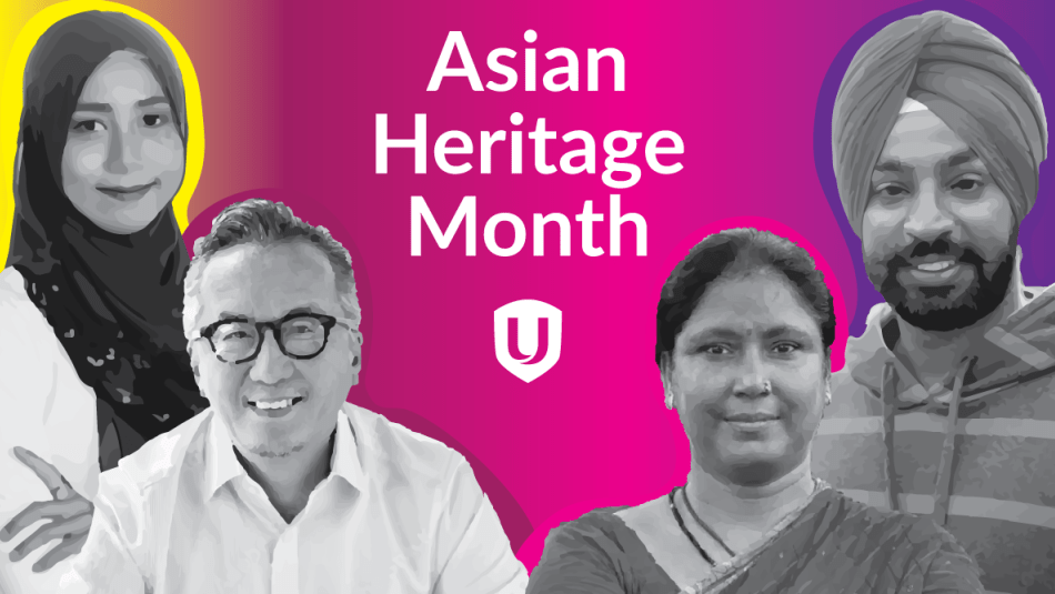 Asian Heritage Month graphic with two men and two women