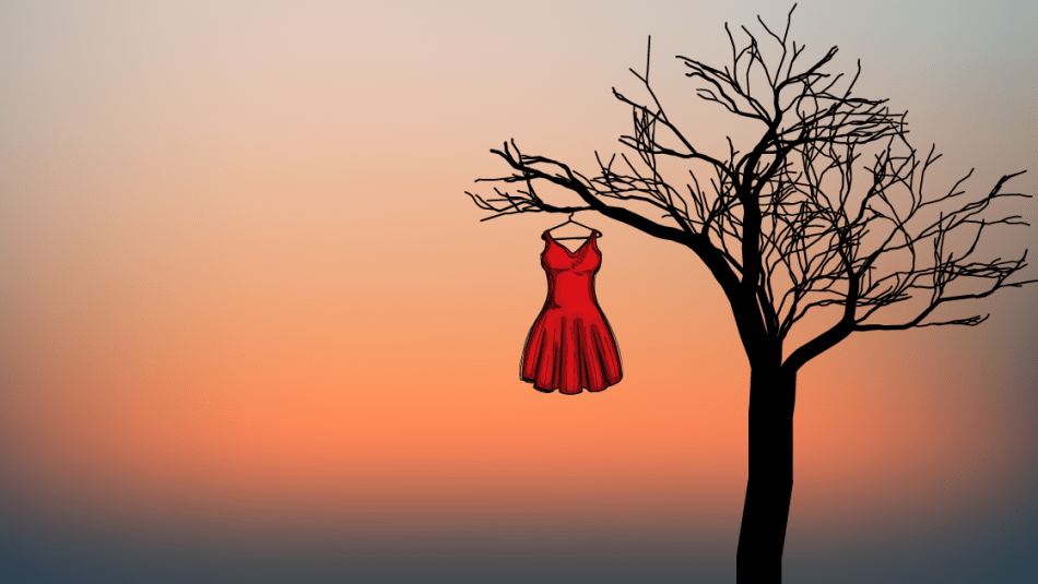 Illustrated red dress on a hanger hanging from a branch of a silhouetted tree on a sunset gradient background. 