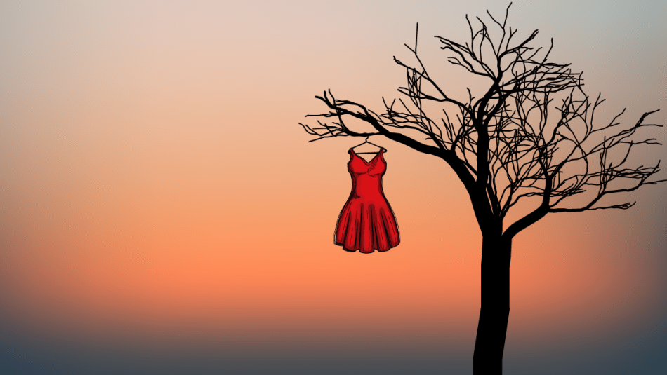 Illustrated red dress on a hanger hanging from a branch of a silhouetted tree on a sunset gradient background.