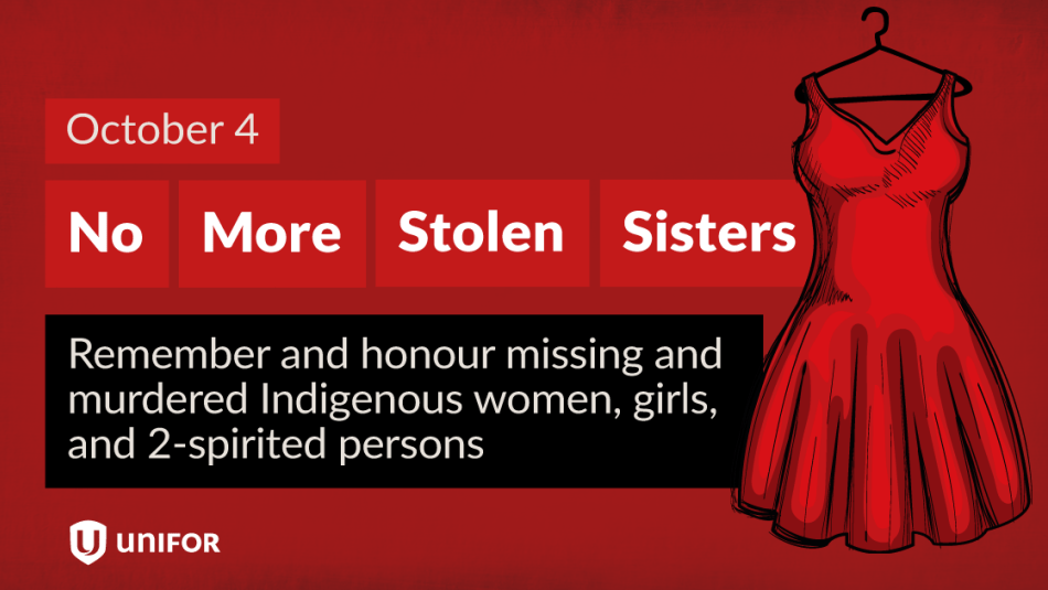 MMIWG2S shareable Text October 4 No More Stolen Sisters and an illustration of a red dress on a hanger.