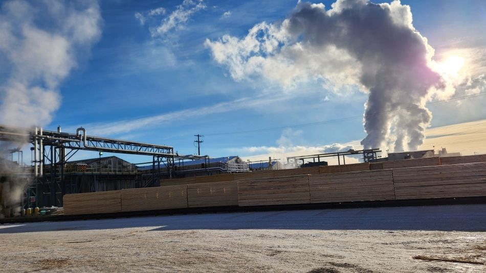 Wide view of a sawmill in the winter