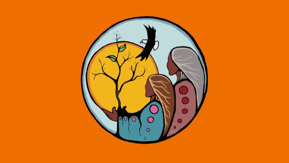 Artwork Stylized illustration with two figures, a tree and an eagle.