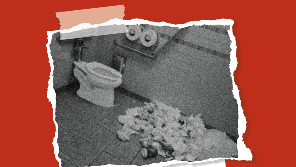Photo with red background with a dirty washroom in black and white in the foreground