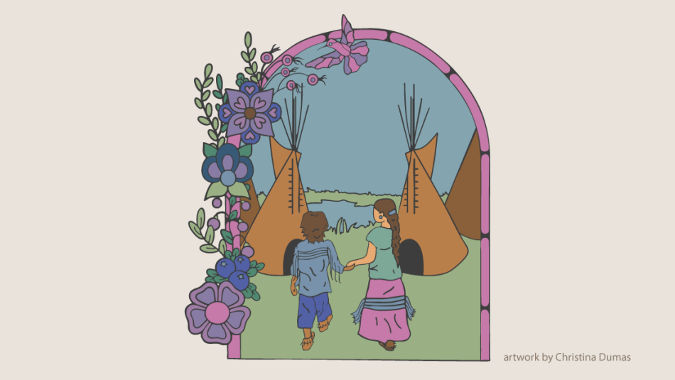 An illustrated scene of two Indigenous youths holding hands near two teepees.