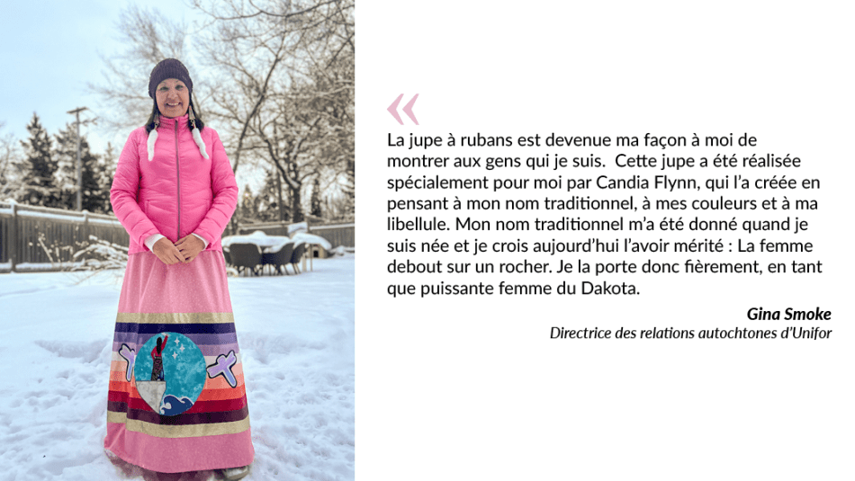 Gina Smoke wearing a Ribbon skirt standing in the snow