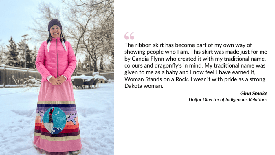 Gina Smoke standing in the snow wearing a Ribbon Skirt