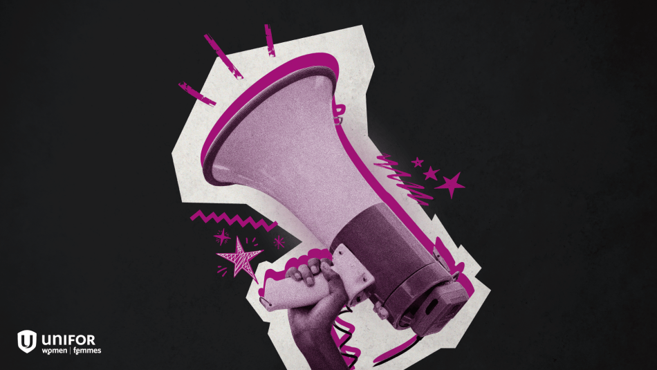 Illistration in pink of a hand holding mega phone on a black background