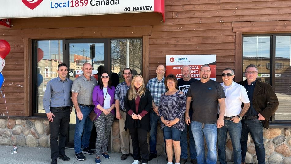 Unifor leadership gathered in front of the Adient Action Centre at the Unifor Local 1859 hall