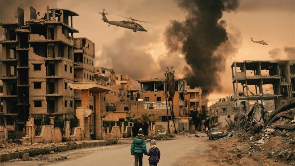 Two young children walk hand in hand through a destroyed street in Gaza, surrounded by the ruins of bombed-out buildings. Thick black smoke billows in the distance as military helicopters fly overhead, capturing the devastation and fear of ongoing conflict.