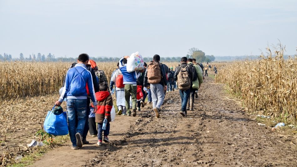 A group of refugees, including children, walk along a muddy path through a harvested cornfield, carrying bags and belongings on their backs. The overcast sky and distant horizon convey the long journey ahead.