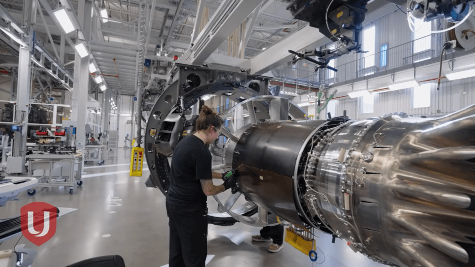 A woman aerospace worker on the assembly line working on an aircraft engine at the Pratt and Whitney assembly line in Longueuil, Quebec