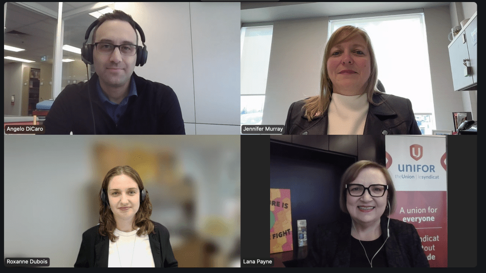 Four people on zoom squares