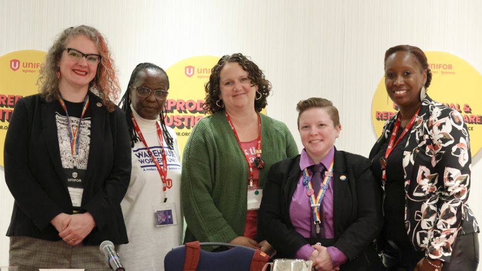 Krista Lee Hanson, President of the Road Transportation Council with panelists Margaret Olal, a National Organizer in B.C., Sybil Joseph, Chair of the B.C. Regional Women’s Committee, Karen Berry, President of Local 531 and Danni Fitzpatrick, Chair of the B.C. Regional Pride Committee.