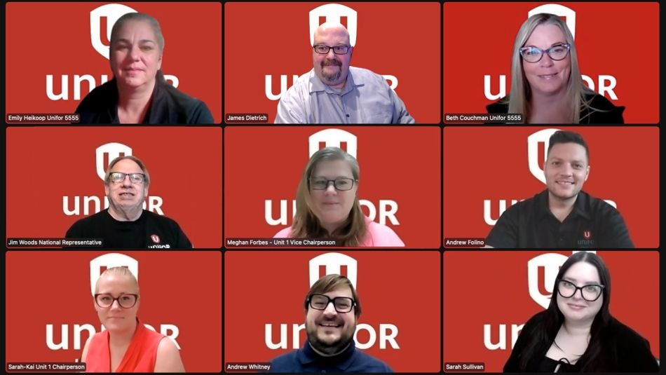 Nine Unifor staff in a Zoom meeting.