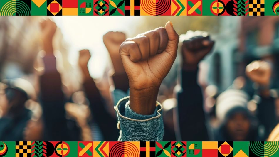 A black fist in the air with African banner art