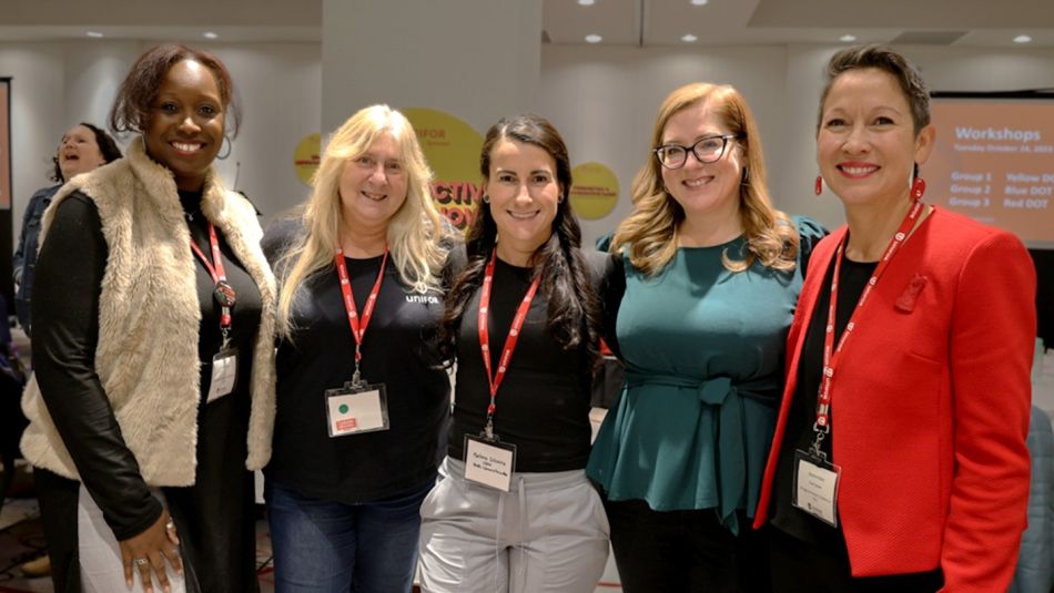 Unifor Women's Director Tracy Ramsey with NDP MLA Melanie Mark and three Unifor sisters at the B.C. Regional Women's Conference.