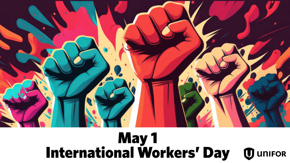 May 1 International Workers' Day, colourfull graphic fists in the air.