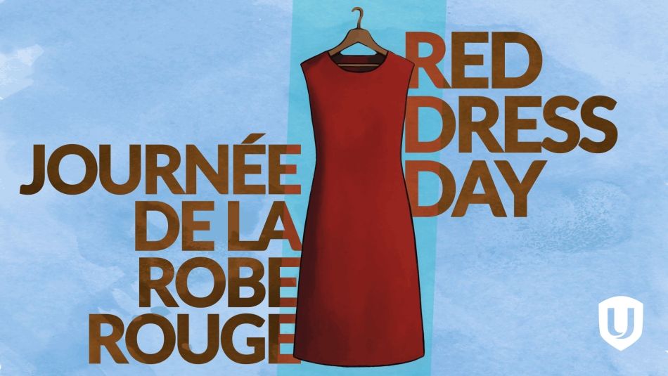 Red Dress Day graphic with a red dress on a hanger