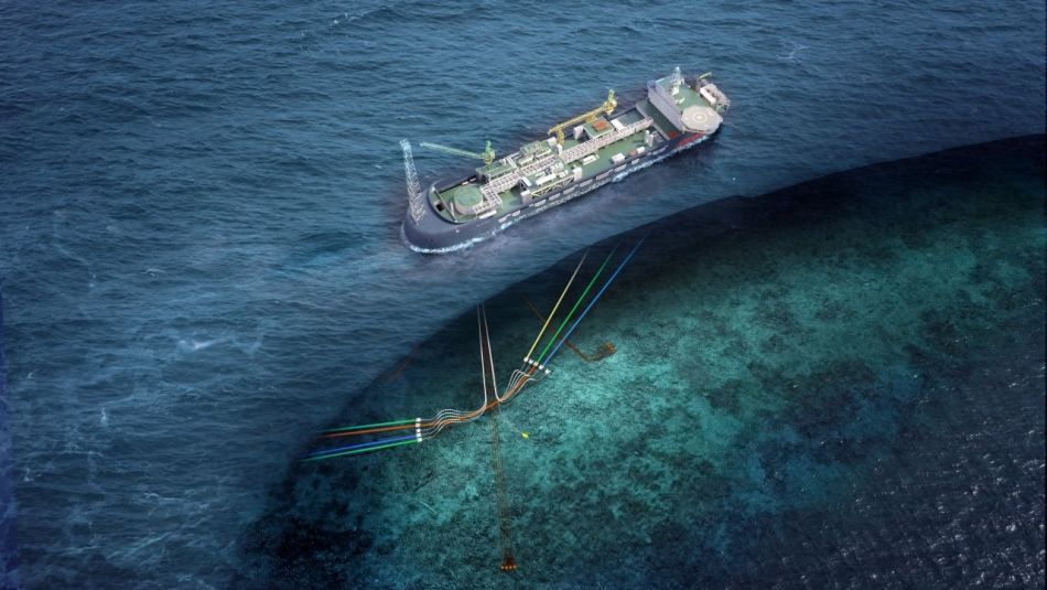 "Illustrated aerial view of a floating production unit for storage and offshore offloading (FPSO) on the ocean with cut-away revealing undersea cables and pipes to ocean floor."