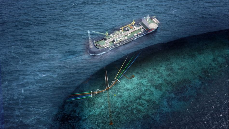 Illustration de la vue aérienne d’une unité flottante de production, de stockage et de déchargement en mer (FPSO avec une coupe révélant les câbles et les tuyaux sous-marins au fond de l’océan.