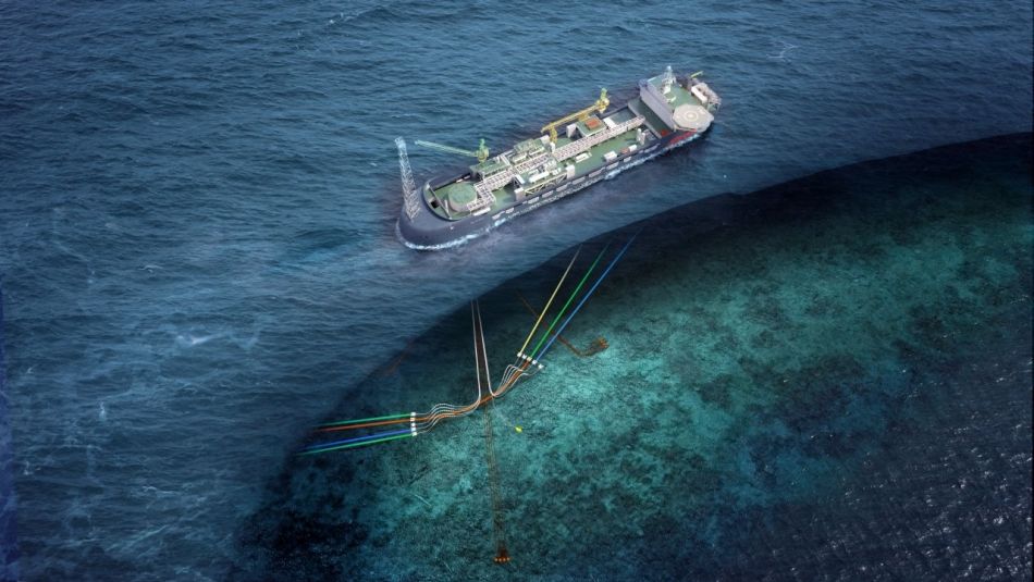 Illustration de la vue aérienne d’une unité flottante de production, de stockage et de déchargement en mer (FPSO avec une coupe révélant les câbles et les tuyaux sous-marins au fond de l’océan. 