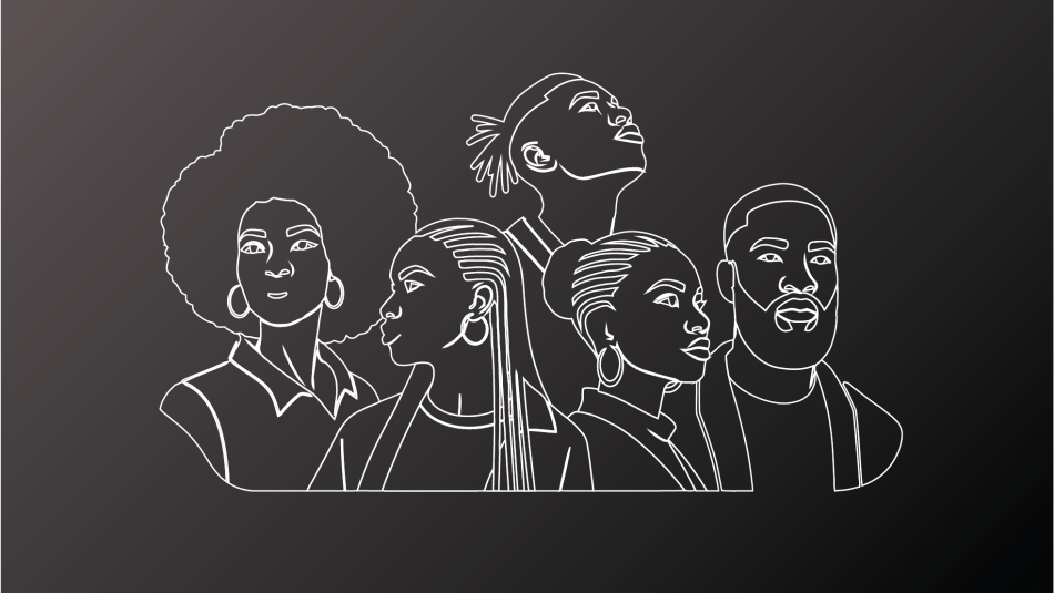 A white line illustration of 5 Black individuals