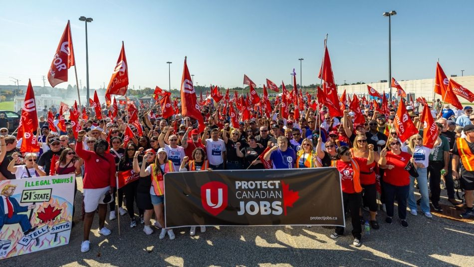 Unifor Protect Canadian Jobs rally outside Stellantis Brampton Assembly Plant