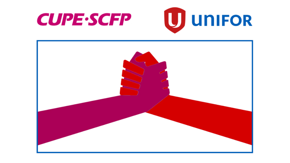 Logos du SCFP et d'Unifor avec des mains reliées entre elles