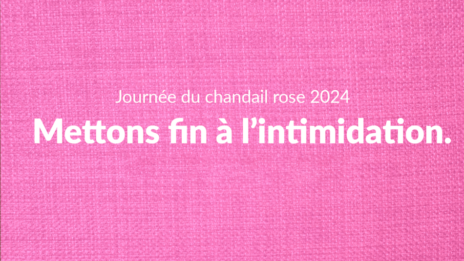 Une arrière-plan rose avec le texte « Journée du chandail rose 2024. Mettons fin a l'intimidation. »