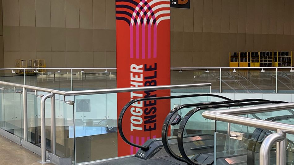 A banner for Unifor's 2022 Constitutional Convention at the Metro Toronto Convention Centre.