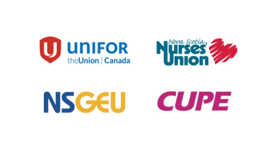 Logos for Unifor, CUPE, Nurses Union, NSGEU