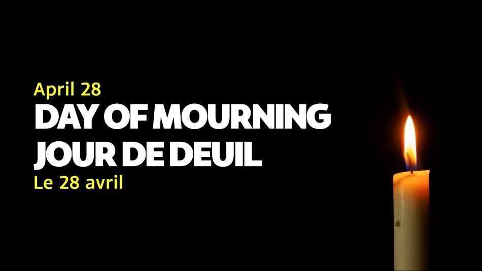 April 28 National Day of Mourning graphic, a candle on a black background