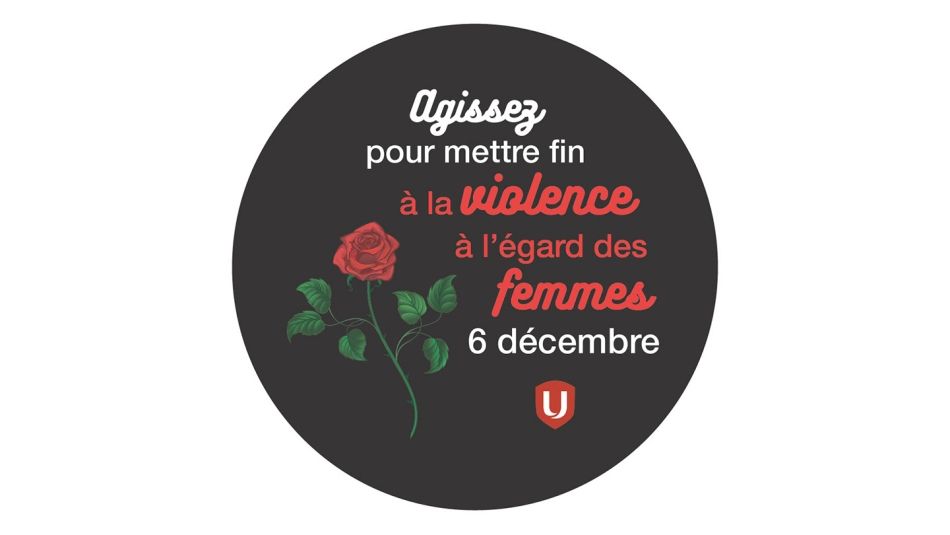 Un cercle noir avec une seule rose et le texte "agissez pour mettre fin à la violence à l'égard des femmes 6 décembre" et le logo d'Unifor