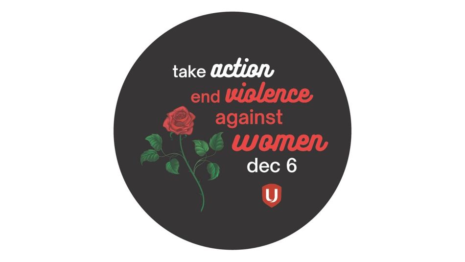 A black circle containing a single rose and the text "Take action to end violence against women" and the Unifor logo