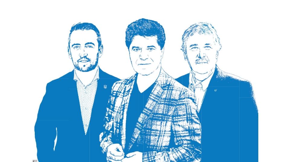 Une illustration du président national d'Unifor, Jerry Dias, flanqué du directeur québecois, Renaud Gagné, et du directeur régional de l'Ouest, Gavin McGarrigle.