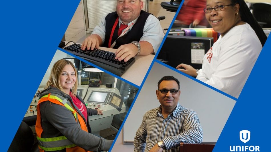 Un collage de quatre images de membres d'Unifor ayant un incapacité sur leur lieu de travail.
